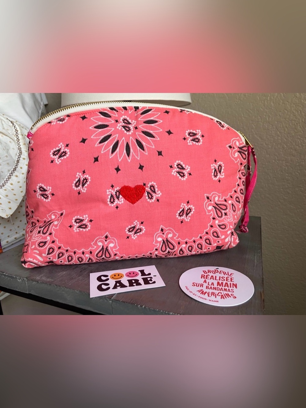 Call It By Your Name Pink Bandana-Print Latge Toiletry Bag with Heart Accent